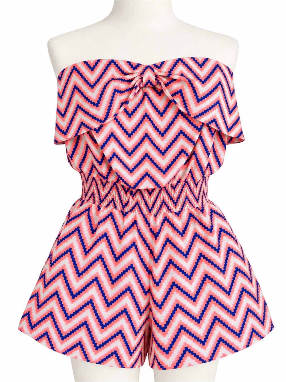 Off-Shoulder Neon Chevron Print Women’s Shorts Romper - Pink/Navy